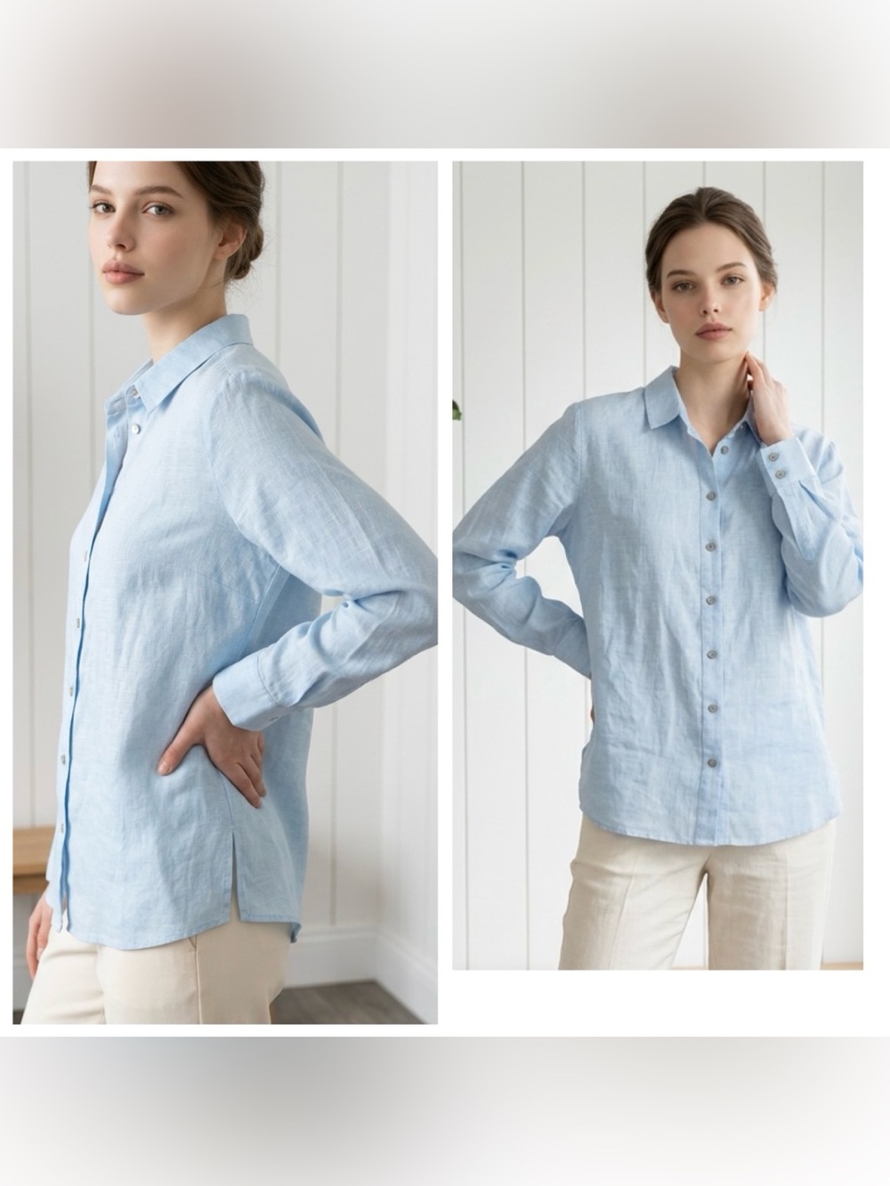 J Jill Love Linen Women Sz L long sleeve Button-Up Shirt Blue